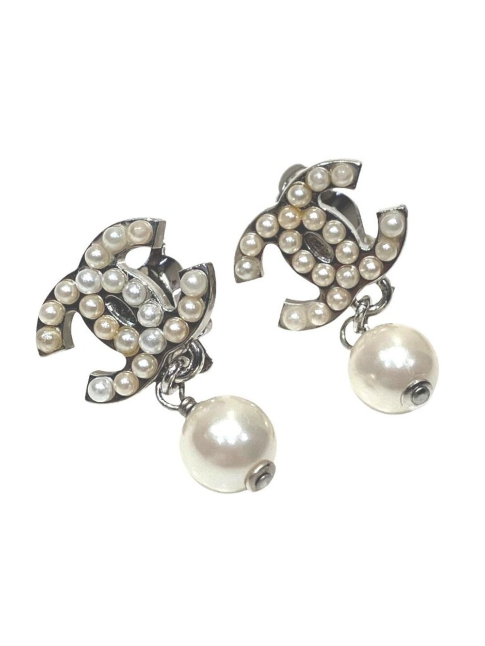 Chanel Pearl CC Logo Earrings Metal Faux